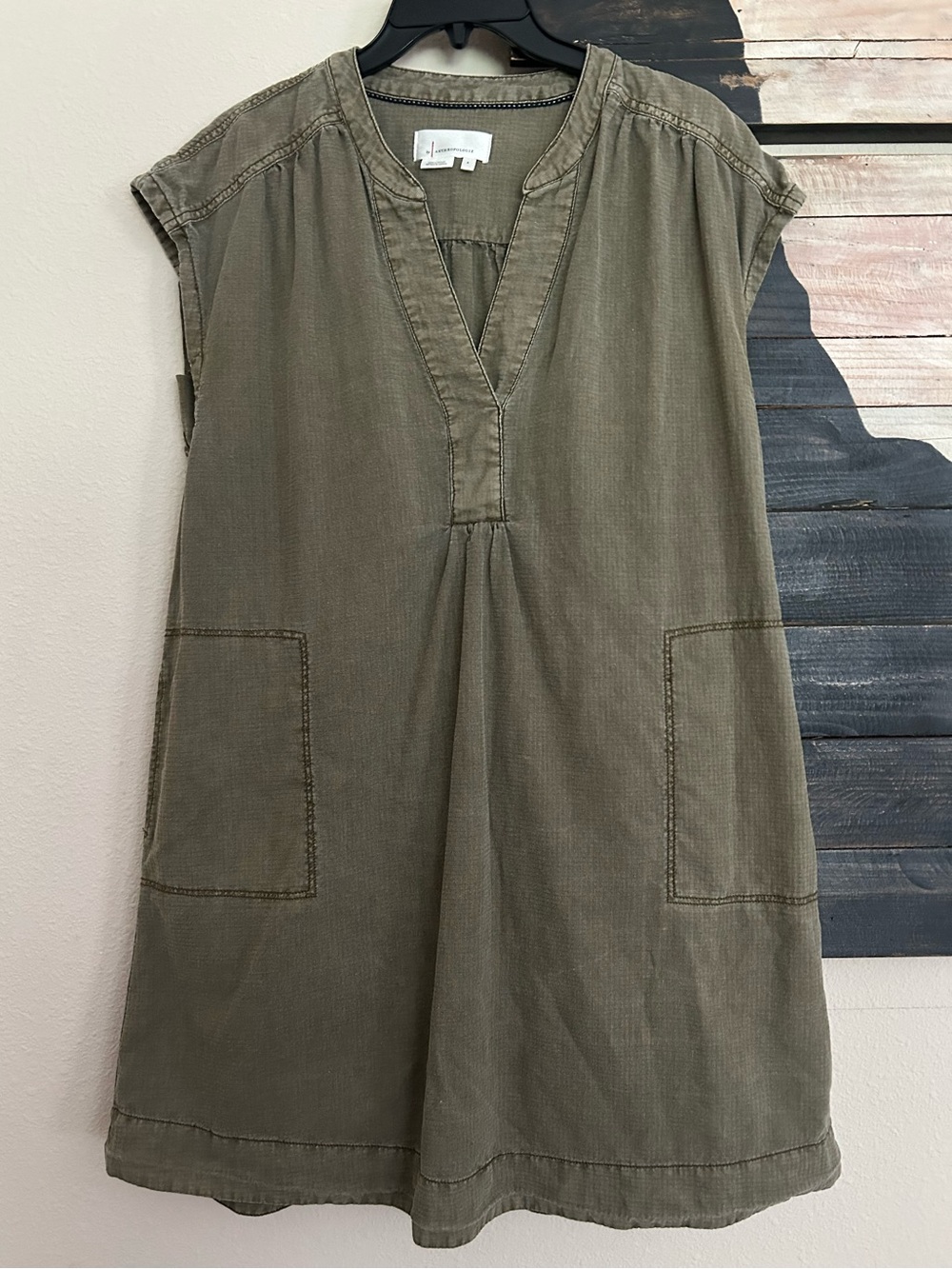 Anthropologie Kimber Tunic Mini Dress Olive Green V-Neck Patch Pockets